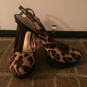 Leopard print peep toe platform heels